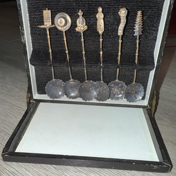 STERLING SILVER .950 VINTAGE ASIAN COCKTAIL SPOONS in Original Box - Picture 1 of 5